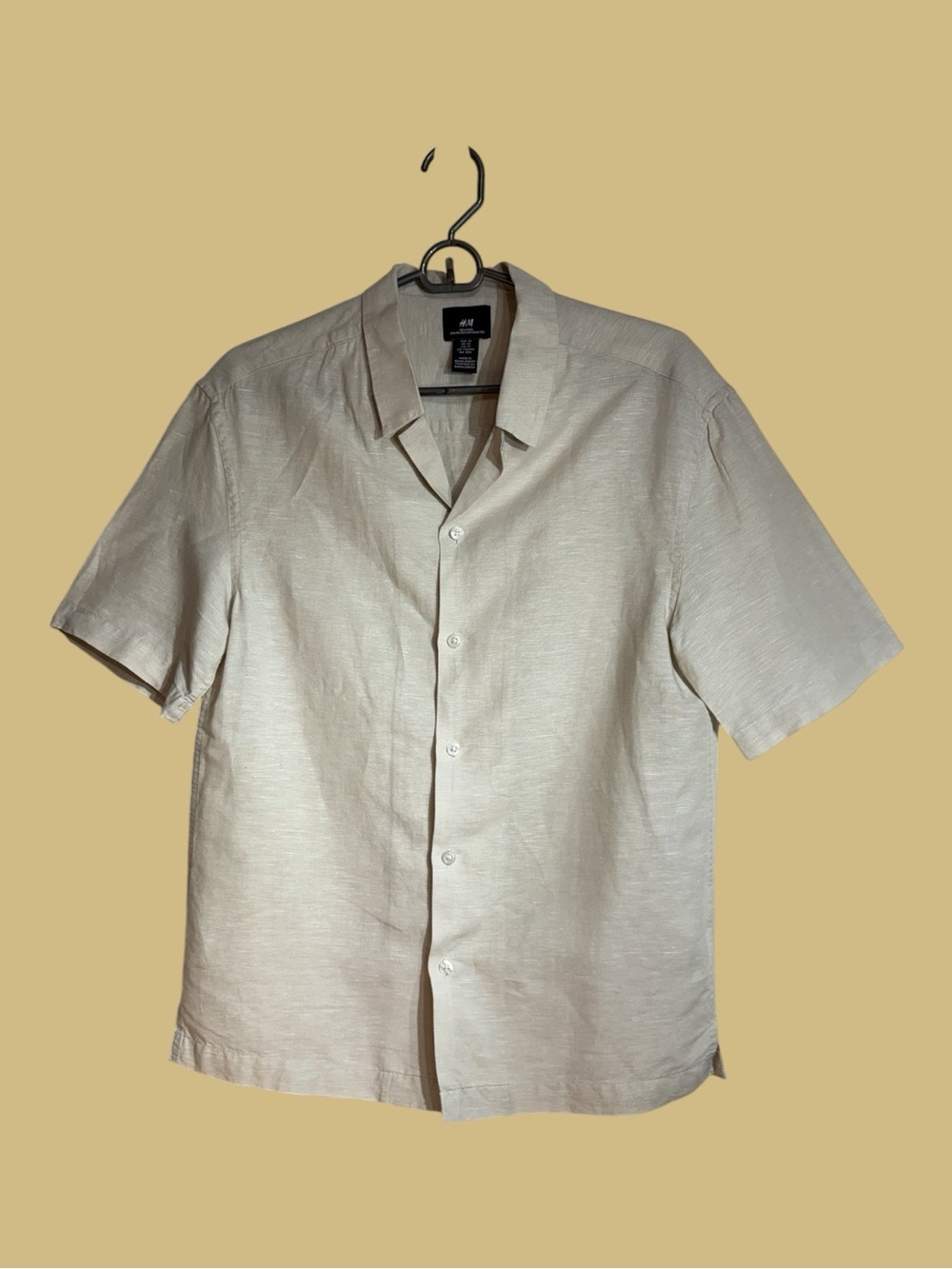 H&M Men’s Linen Cotton Blend Short Sleeve Relaxed Fit Dk Khaki Resort Shirt XS